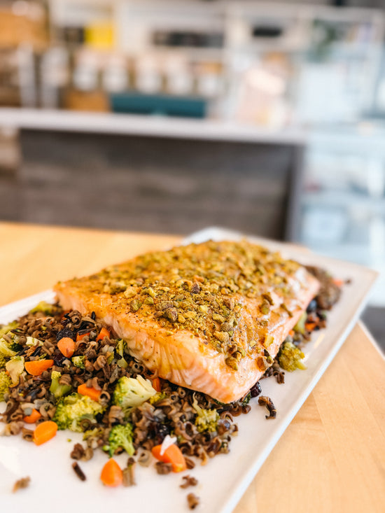 Pistachio Crusted Salmon with Wild Rice Pilaf