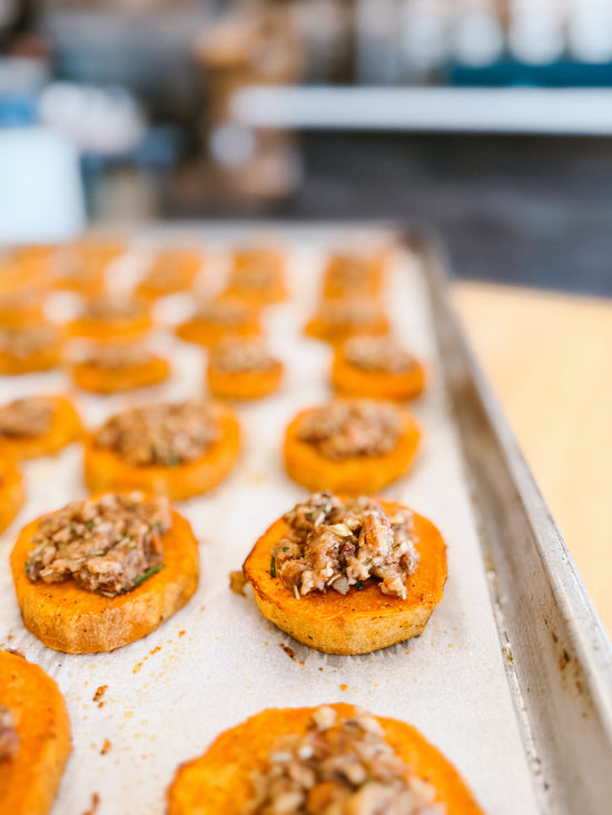 Sweet Potato Coins with Rosemary Pecan Streusel