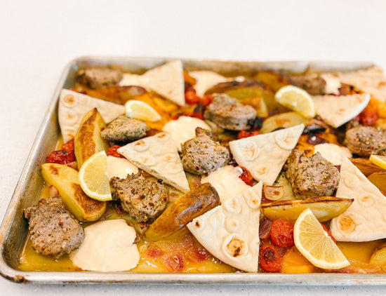 *Fresh* Pork Souvlaki Sheet Pan with Lemon Potatoes & Whipped Feta